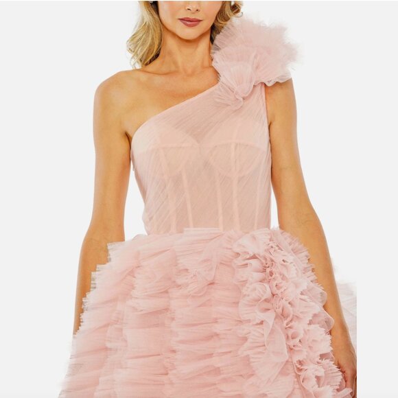 NEW $998 Mac Duggal [ 2 ] Corset One Shoulder Glitter Tulle Gown Light Pink Q754 - Picture 2 of 15